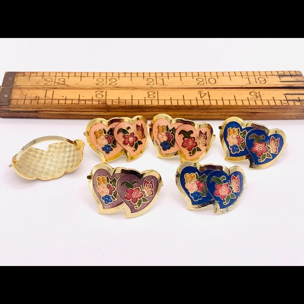 6 vintage scarf clips gold cloisonné 1980s NOS